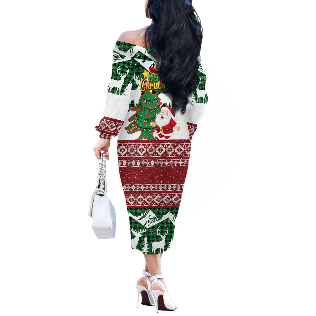 Lebanon Christmas Off The Shoulder Long Sleeve Dress with Santa Claus Reindeer Trees and Festive Knit Pattern - Wonder Print Shop