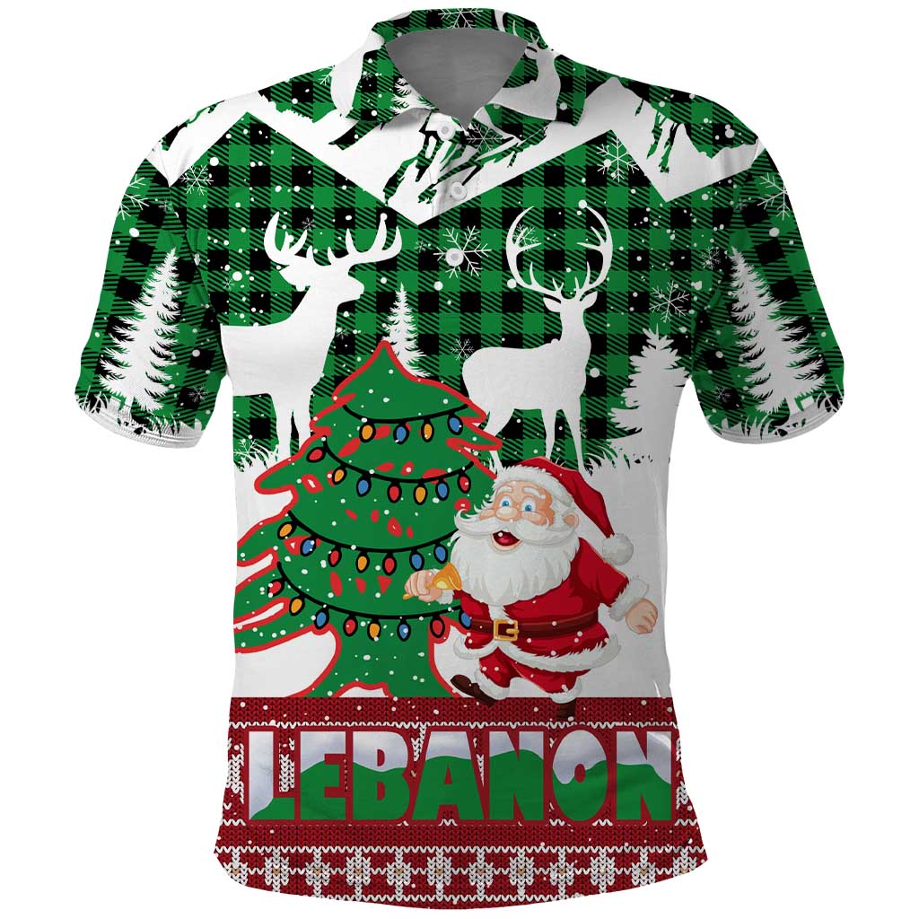 Lebanon Christmas Polo Shirt with Santa Claus Reindeer Trees and Festive Knit Pattern - Wonder Print Shop