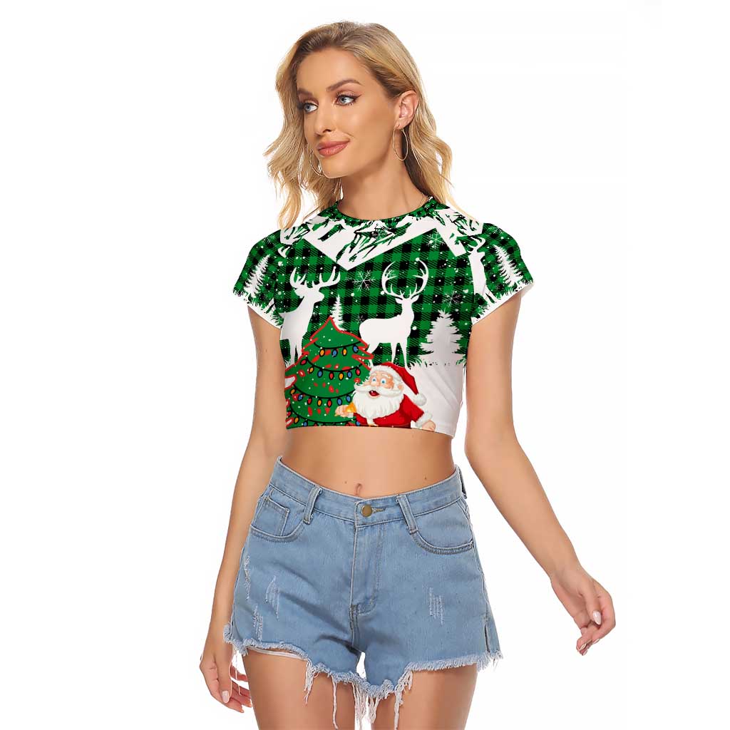 Lebanon Christmas Raglan Cropped T Shirt with Santa Claus Reindeer Trees and Festive Knit Pattern - Wonder Print Shop