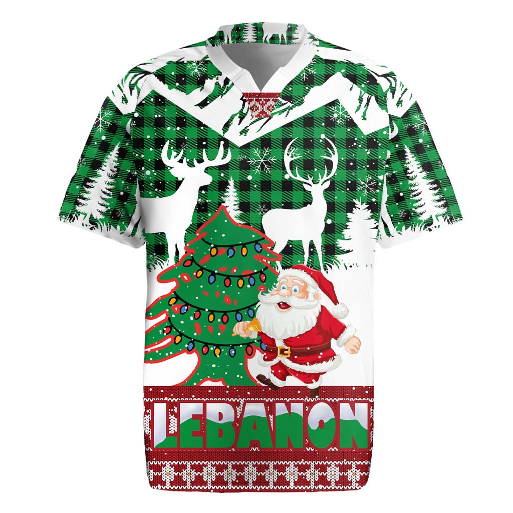 Lebanon Christmas Rugby Jersey with Santa Claus Reindeer Trees and Festive Knit Pattern - Wonder Print Shop