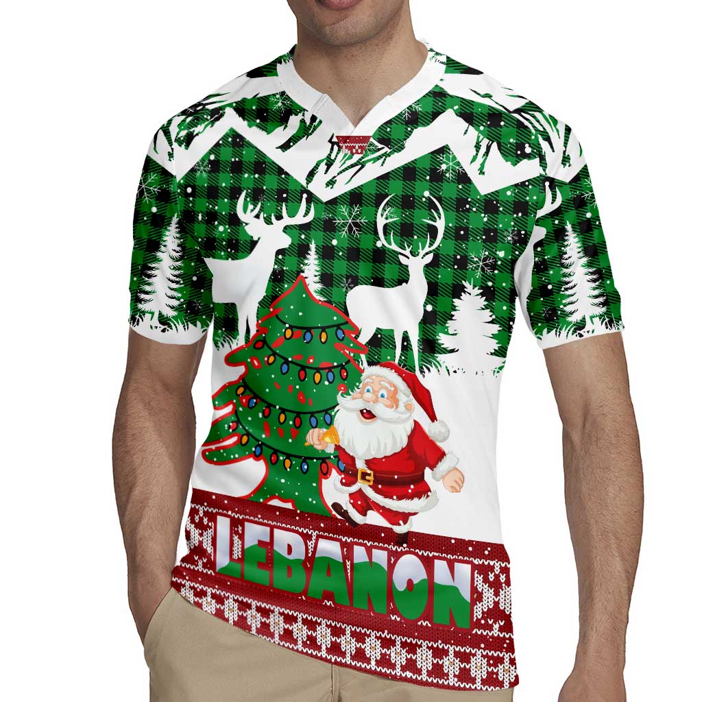 Lebanon Christmas Rugby Jersey with Santa Claus Reindeer Trees and Festive Knit Pattern - Wonder Print Shop