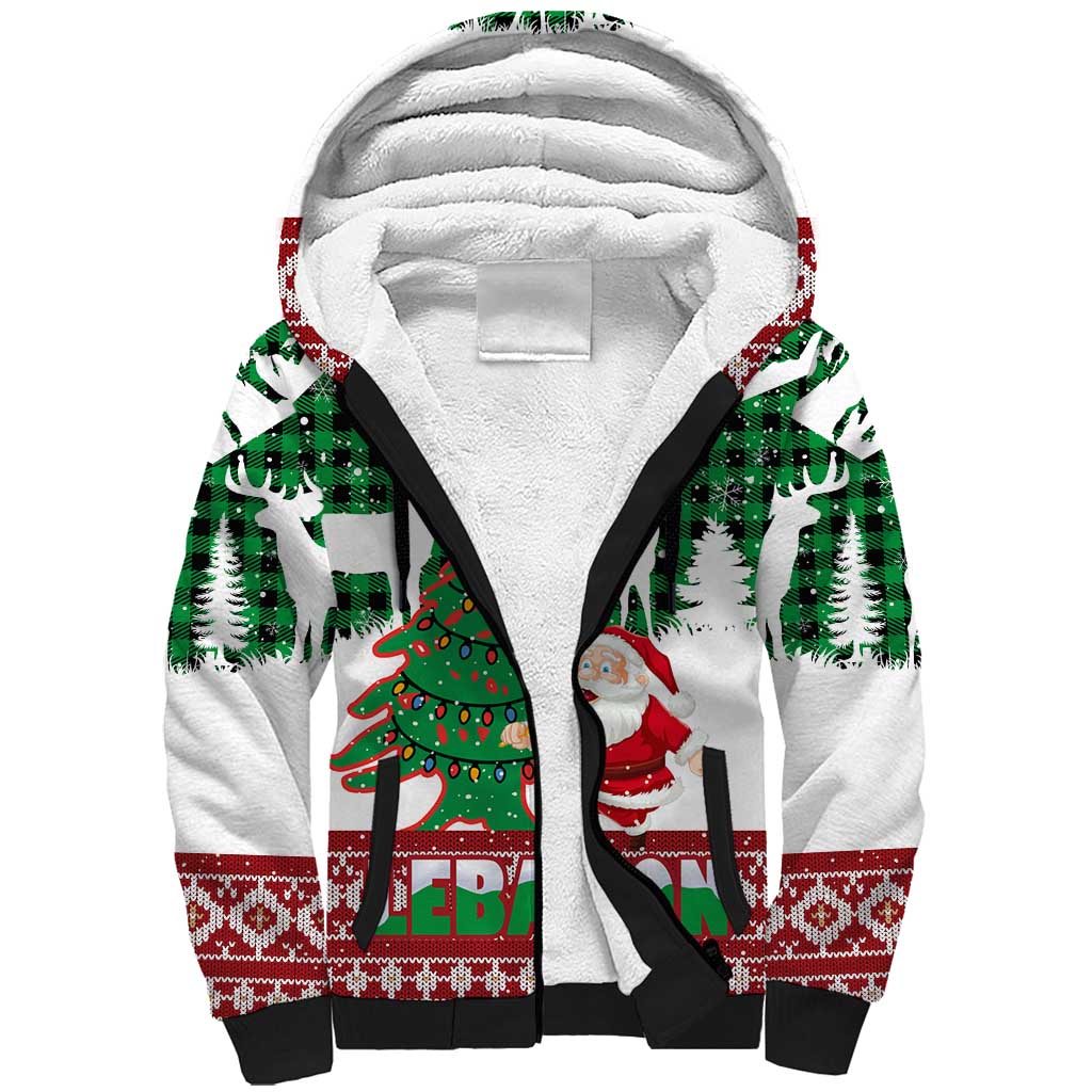 Lebanon Christmas Sherpa Hoodie with Santa Claus Reindeer Trees and Festive Knit Pattern - Wonder Print Shop