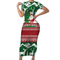 Lebanon Christmas Short Sleeve Bodycon Dress with Santa Claus Reindeer Trees and Festive Knit Pattern - Wonder Print Shop