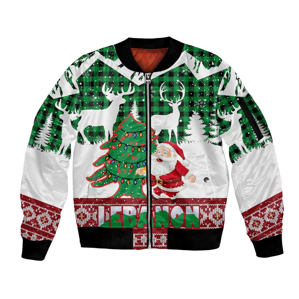 Lebanon Christmas Sleeve Zip Bomber Jacket with Santa Claus Reindeer Trees and Festive Knit Pattern - Wonder Print Shop