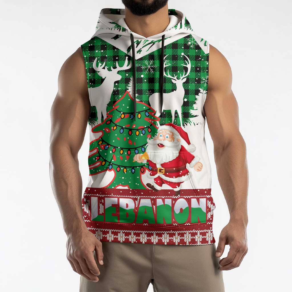 Lebanon Christmas Sleeveless Hoodie with Santa Claus Reindeer Trees and Festive Knit Pattern - Wonder Print Shop