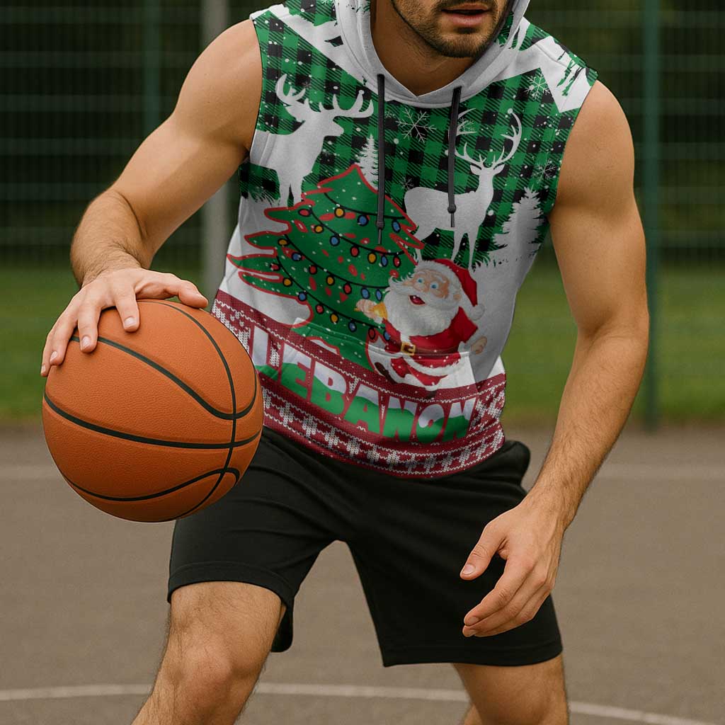 Lebanon Christmas Sleeveless Hoodie with Santa Claus Reindeer Trees and Festive Knit Pattern - Wonder Print Shop