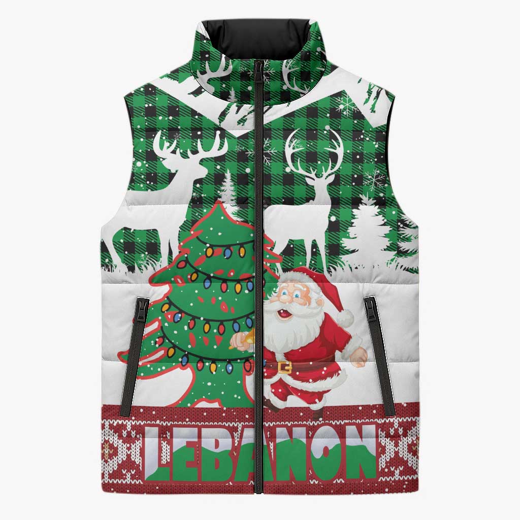 Lebanon Christmas Sleeveless Puffer Jacket with Santa Claus Reindeer Trees and Festive Knit Pattern - Wonder Print Shop