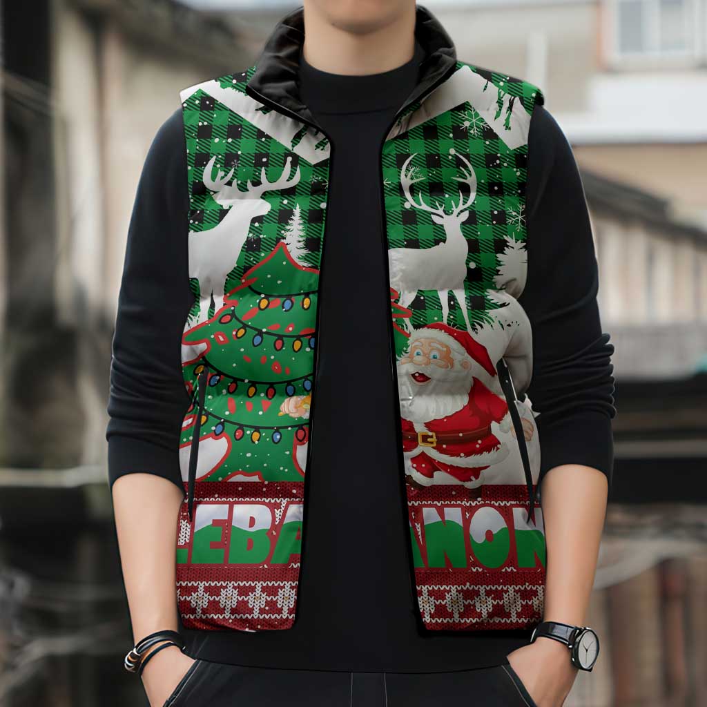 Lebanon Christmas Sleeveless Puffer Jacket with Santa Claus Reindeer Trees and Festive Knit Pattern - Wonder Print Shop