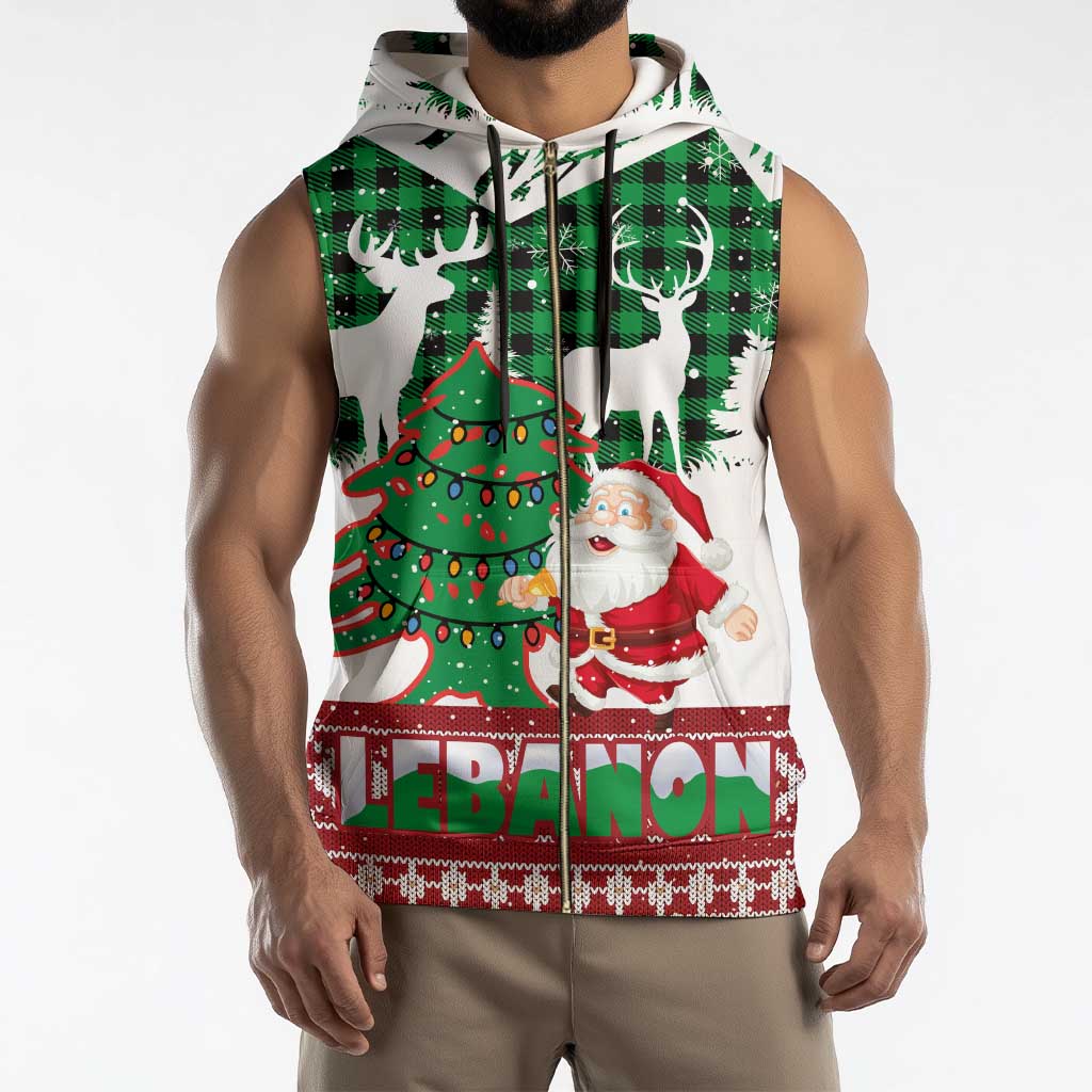 Lebanon Christmas Sleeveless Zip Hoodie with Santa Claus Reindeer Trees and Festive Knit Pattern - Wonder Print Shop