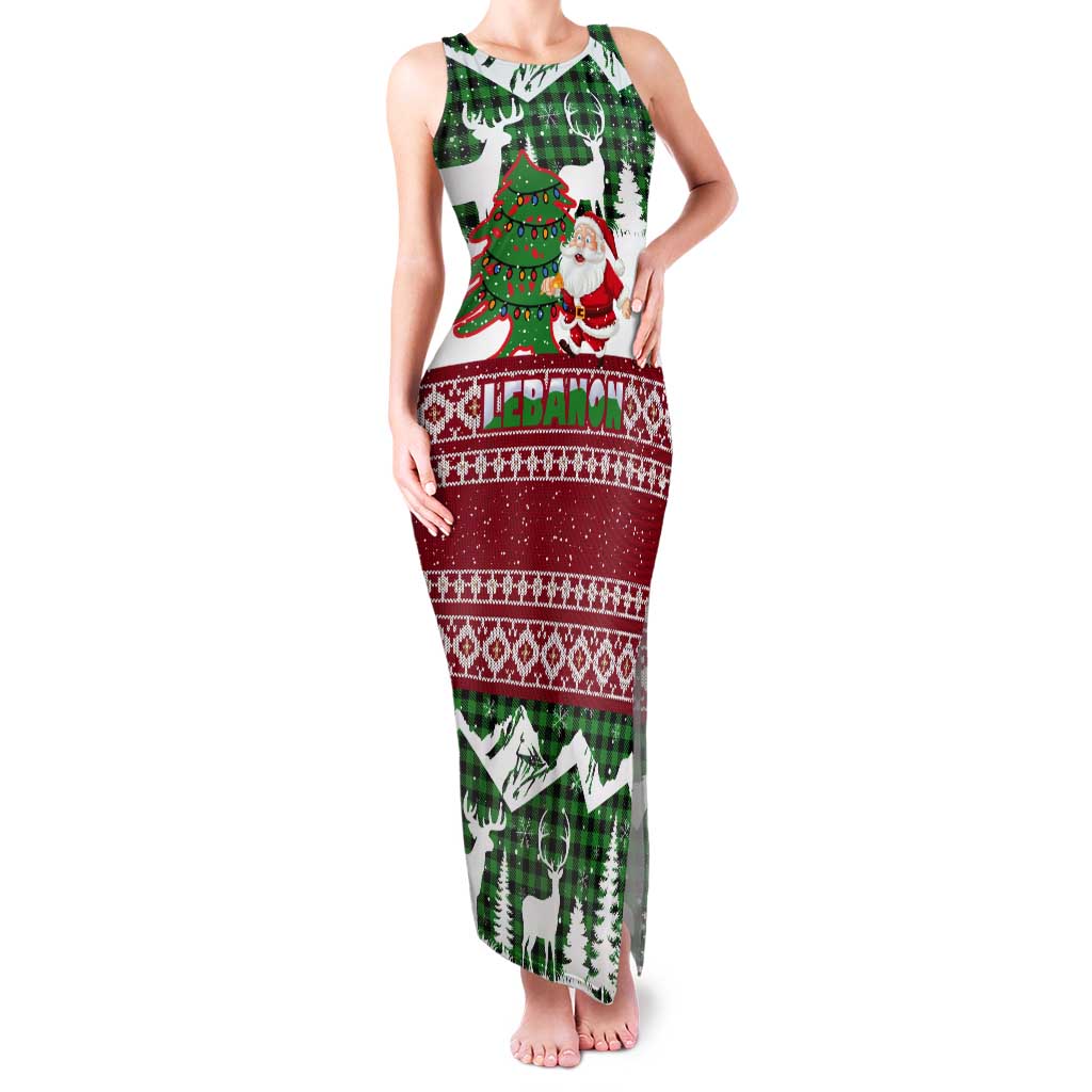 Lebanon Christmas Tank Maxi Dress with Santa Claus Reindeer Trees and Festive Knit Pattern - Wonder Print Shop