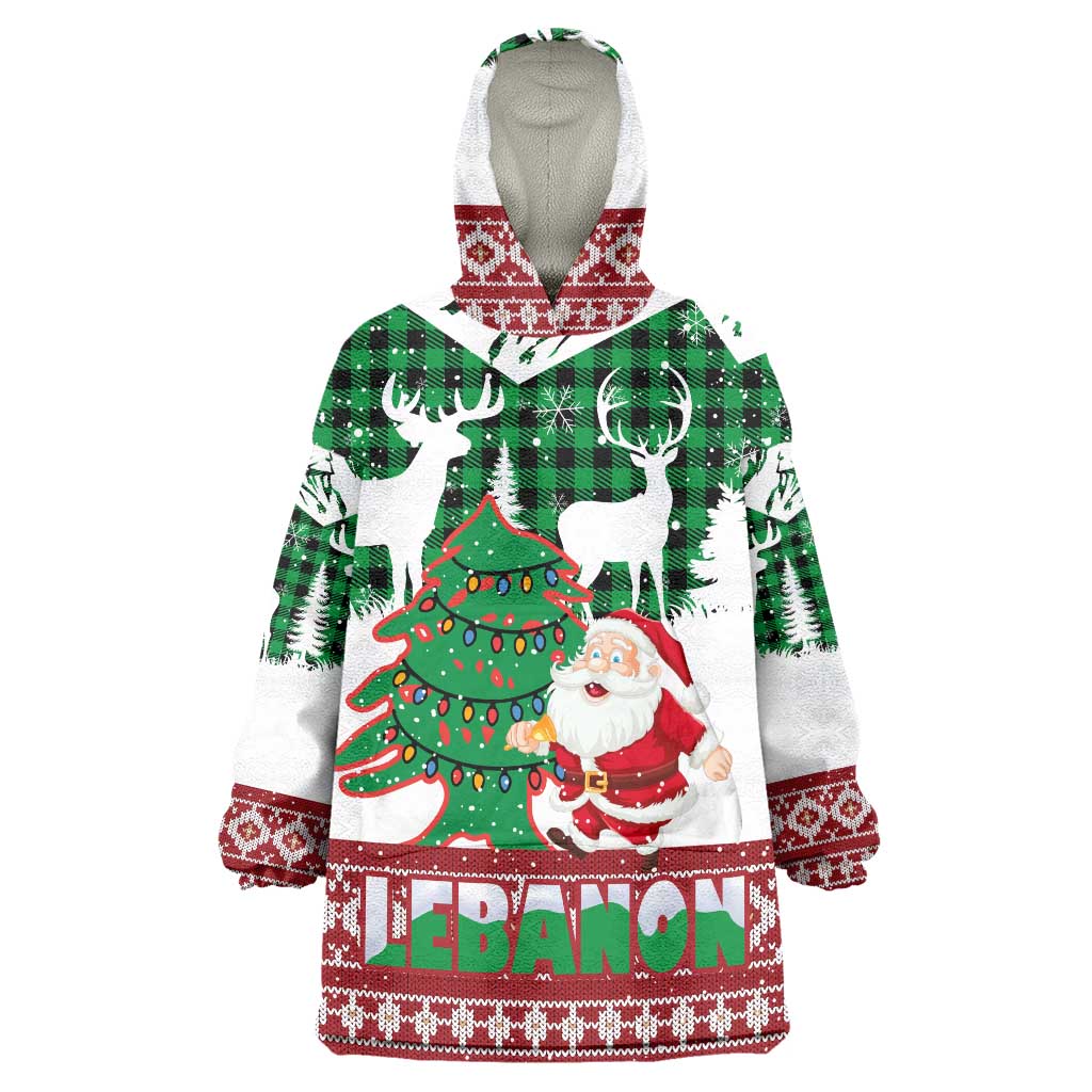 Lebanon Christmas Wearable Blanket Hoodie with Santa Claus Reindeer Trees and Festive Knit Pattern - Wonder Print Shop