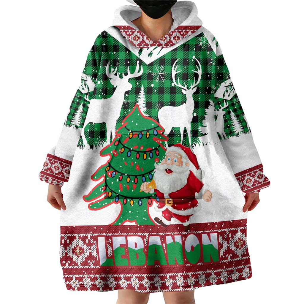 Lebanon Christmas Wearable Blanket Hoodie with Santa Claus Reindeer Trees and Festive Knit Pattern - Wonder Print Shop