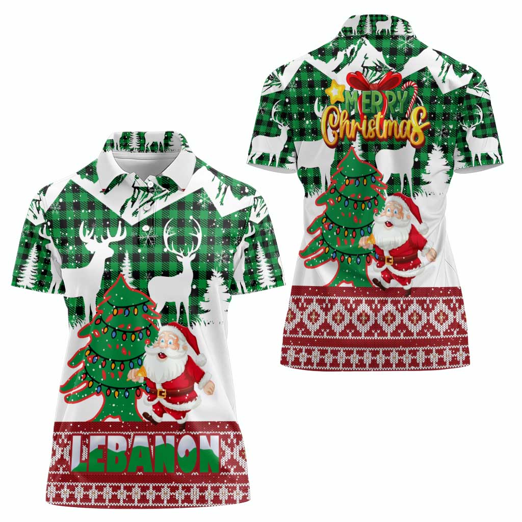 Lebanon Christmas Women Polo Shirt with Santa Claus Reindeer Trees and Festive Knit Pattern - Wonder Print Shop