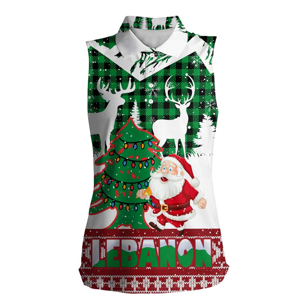 Lebanon Christmas Women Sleeveless Polo Shirt with Santa Claus Reindeer Trees and Festive Knit Pattern - Wonder Print Shop