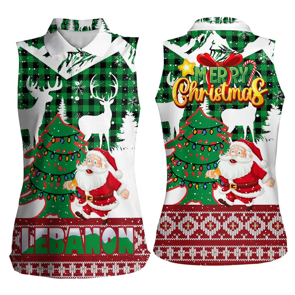 Lebanon Christmas Women Sleeveless Polo Shirt with Santa Claus Reindeer Trees and Festive Knit Pattern - Wonder Print Shop