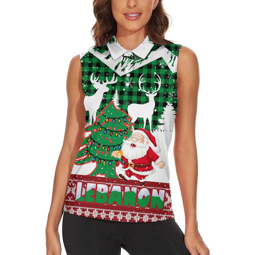 Lebanon Christmas Women Sleeveless Polo Shirt with Santa Claus Reindeer Trees and Festive Knit Pattern - Wonder Print Shop