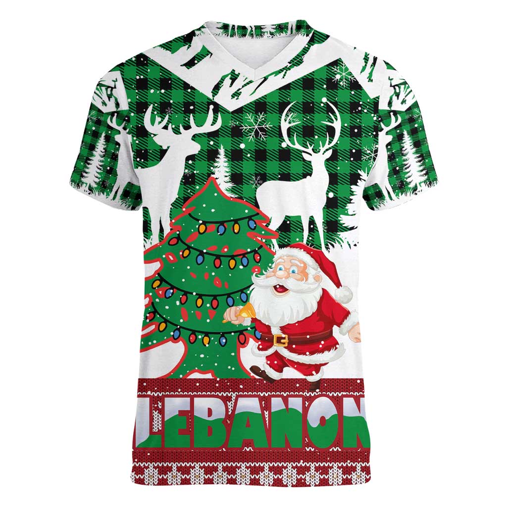 Lebanon Christmas Women V-Neck T-Shirt with Santa Claus Reindeer Trees and Festive Knit Pattern - Wonder Print Shop