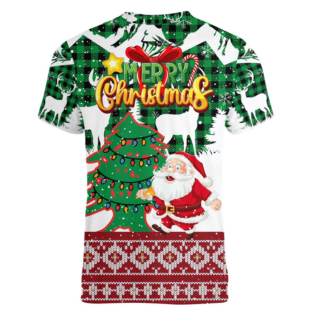 Lebanon Christmas Women V-Neck T-Shirt with Santa Claus Reindeer Trees and Festive Knit Pattern - Wonder Print Shop