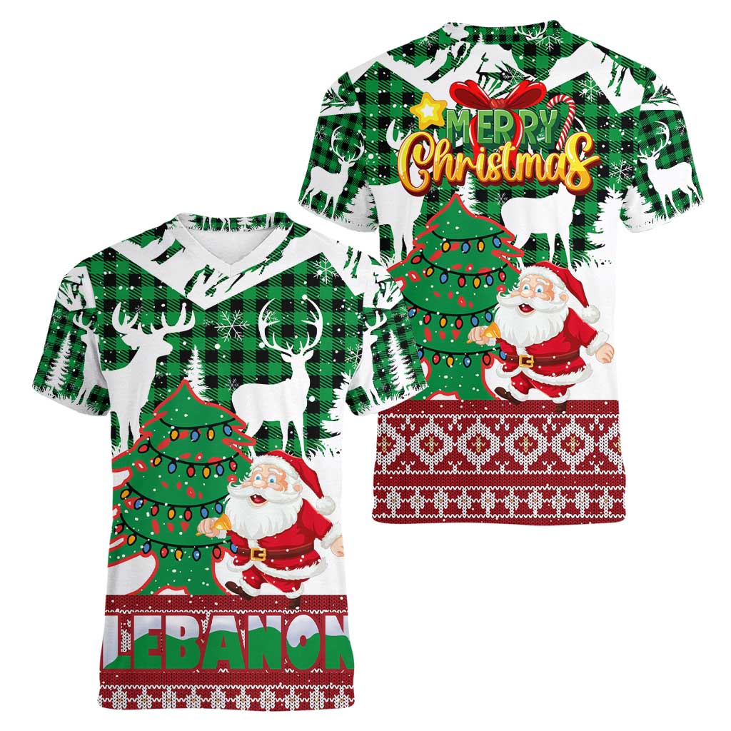 Lebanon Christmas Women V-Neck T-Shirt with Santa Claus Reindeer Trees and Festive Knit Pattern - Wonder Print Shop