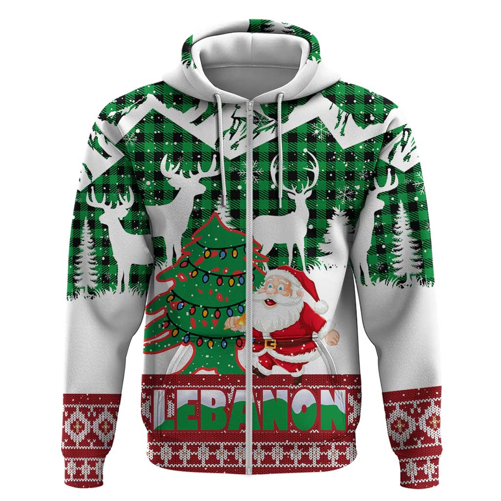 Lebanon Christmas Zip Hoodie with Santa Claus Reindeer Trees and Festive Knit Pattern - Wonder Print Shop