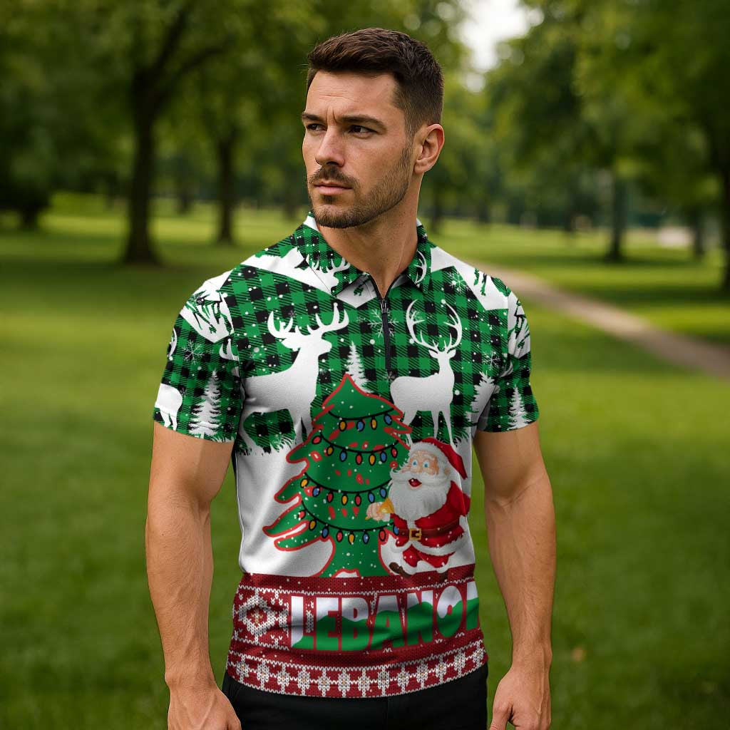 Lebanon Christmas Zipper Polo Shirt with Santa Claus Reindeer Trees and Festive Knit Pattern - Wonder Print Shop