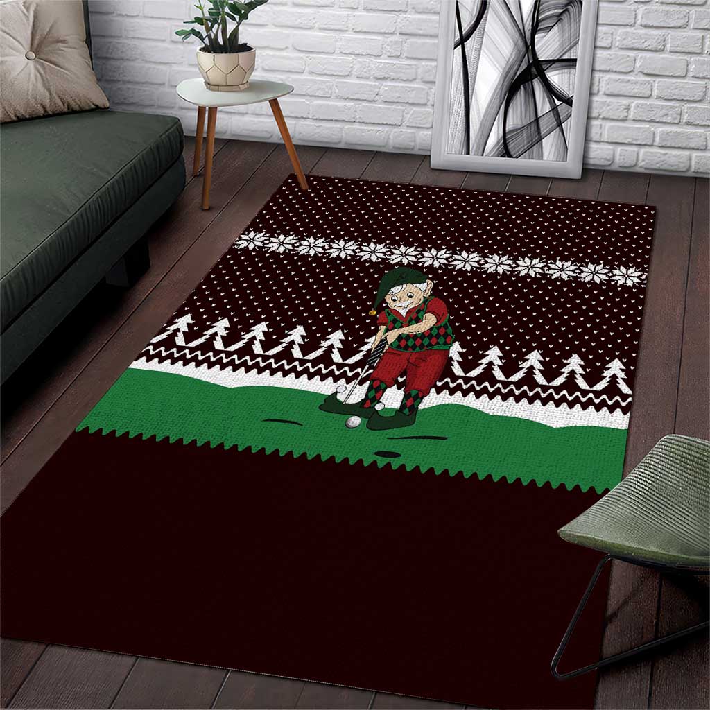Christmas Golf Area Rug with Elf Golfer Argyle Plaid and Snowflake Pattern - Wonder Print Shop