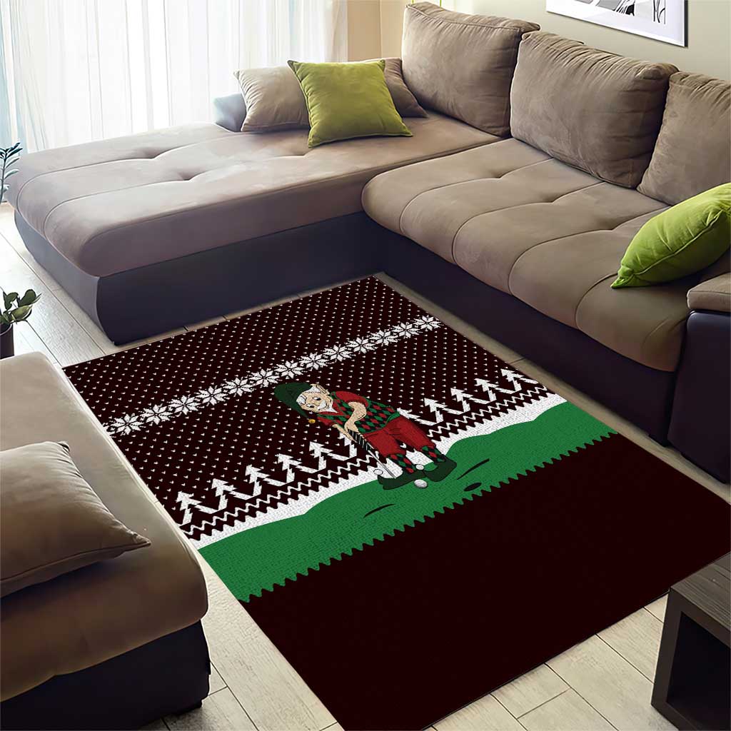 Christmas Golf Area Rug with Elf Golfer Argyle Plaid and Snowflake Pattern - Wonder Print Shop