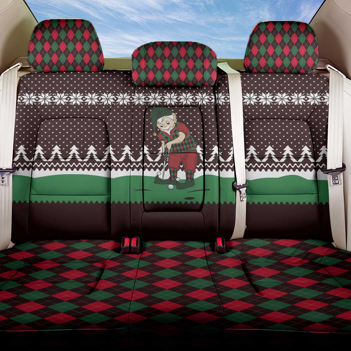Christmas Golf Back Car Seat Cover with Elf Golfer Argyle Plaid and Snowflake Pattern - Wonder Print Shop