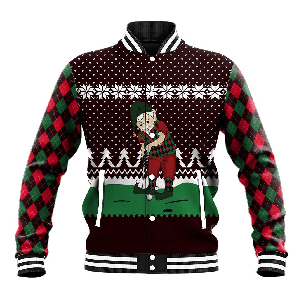 Christmas Golf Baseball Jacket with Elf Golfer Argyle Plaid and Snowflake Pattern - Wonder Print Shop