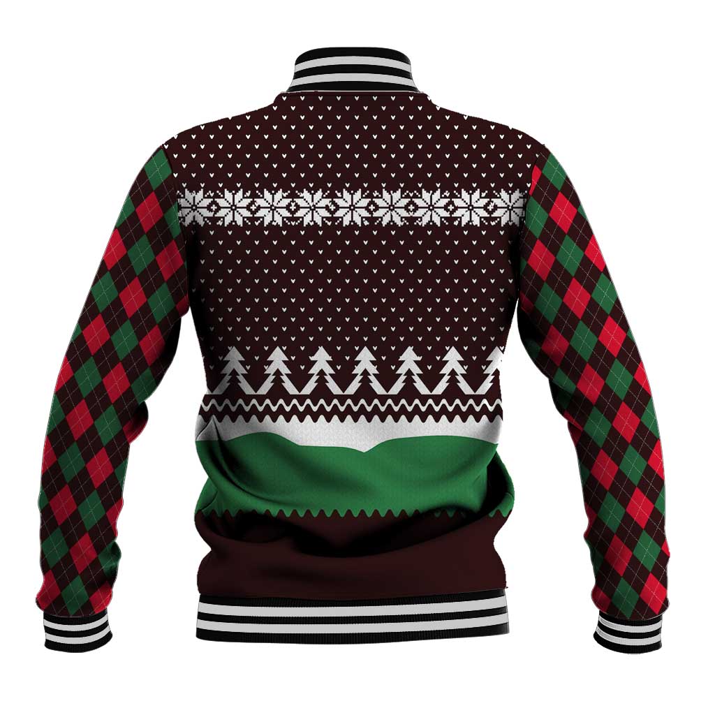 Christmas Golf Baseball Jacket with Elf Golfer Argyle Plaid and Snowflake Pattern - Wonder Print Shop