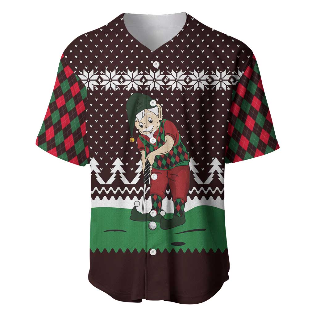 Christmas Golf Baseball Jersey with Elf Golfer Argyle Plaid and Snowflake Pattern - Wonder Print Shop