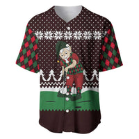 Christmas Golf Baseball Jersey with Elf Golfer Argyle Plaid and Snowflake Pattern - Wonder Print Shop