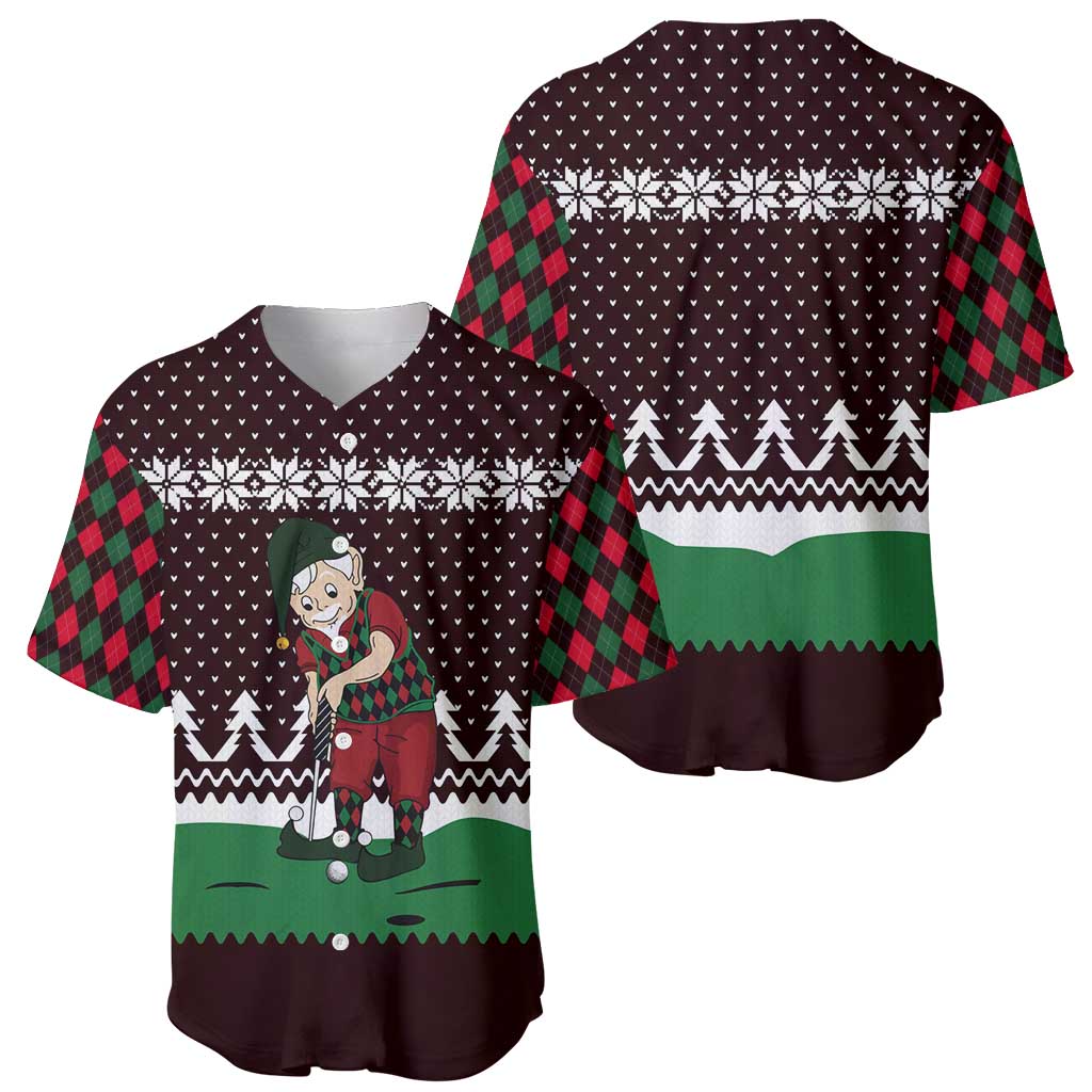 Christmas Golf Baseball Jersey with Elf Golfer Argyle Plaid and Snowflake Pattern - Wonder Print Shop