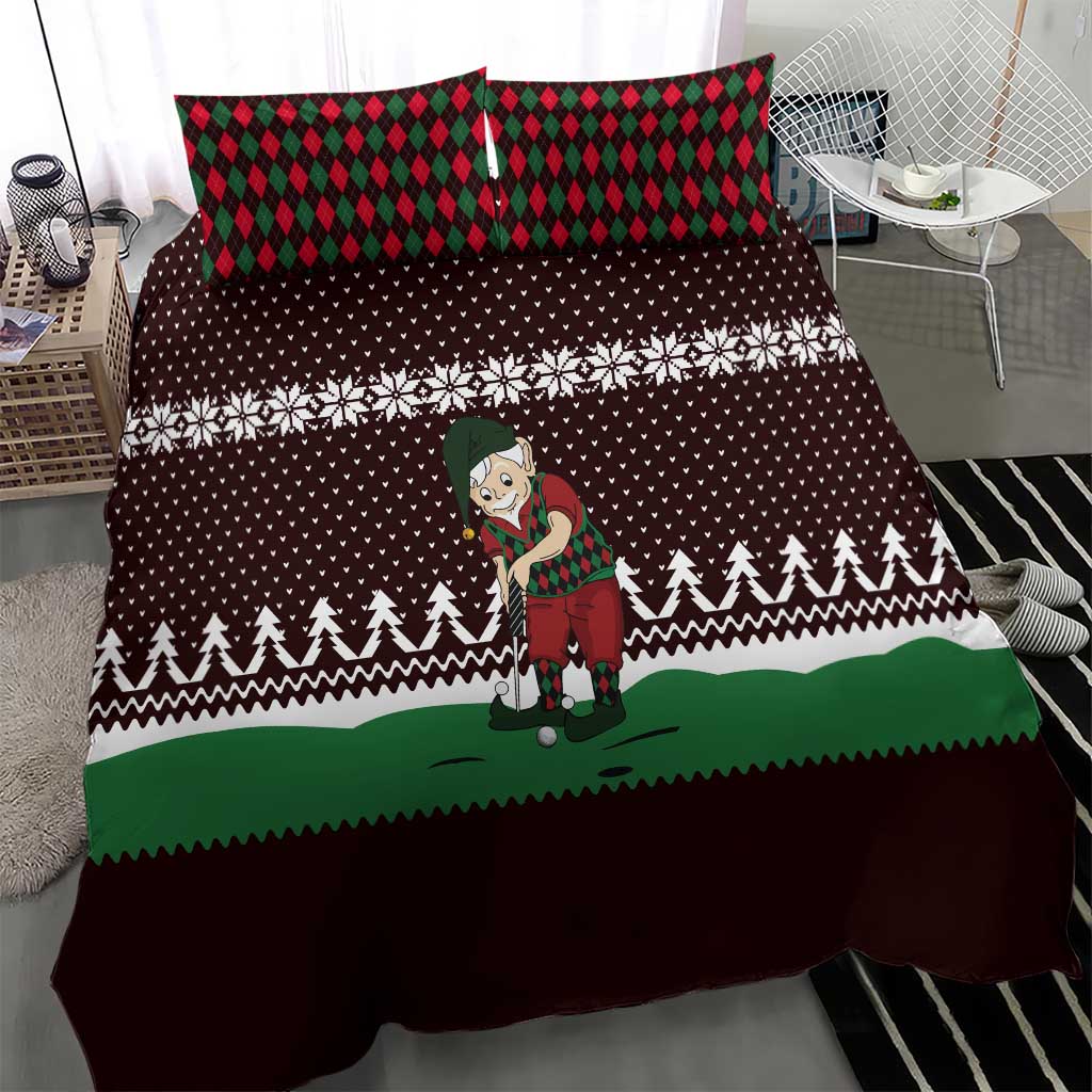 Christmas Golf Bedding Set with Elf Golfer Argyle Plaid and Snowflake Pattern - Wonder Print Shop