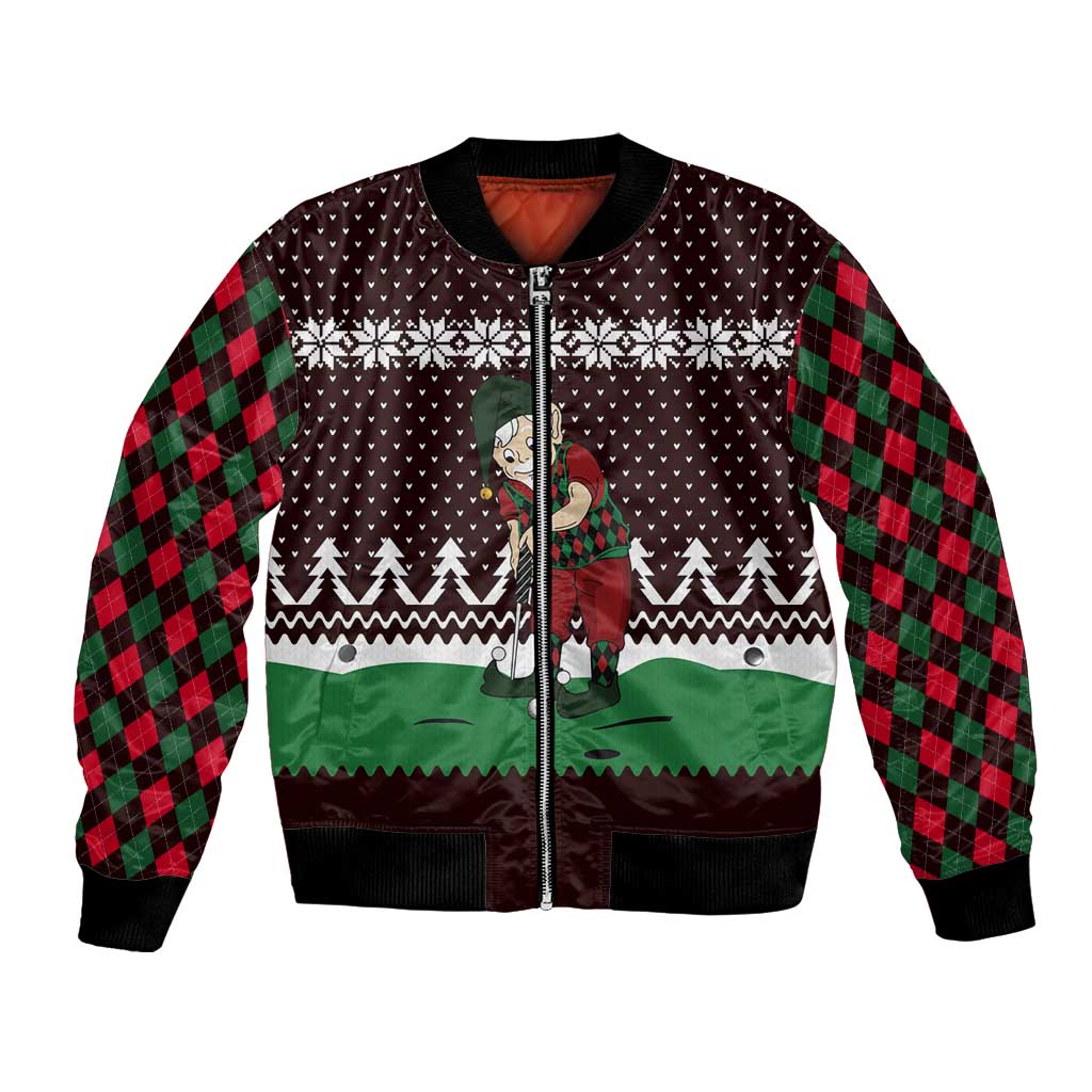 Christmas Golf Bomber Jacket with Elf Golfer Argyle Plaid and Snowflake Pattern - Wonder Print Shop