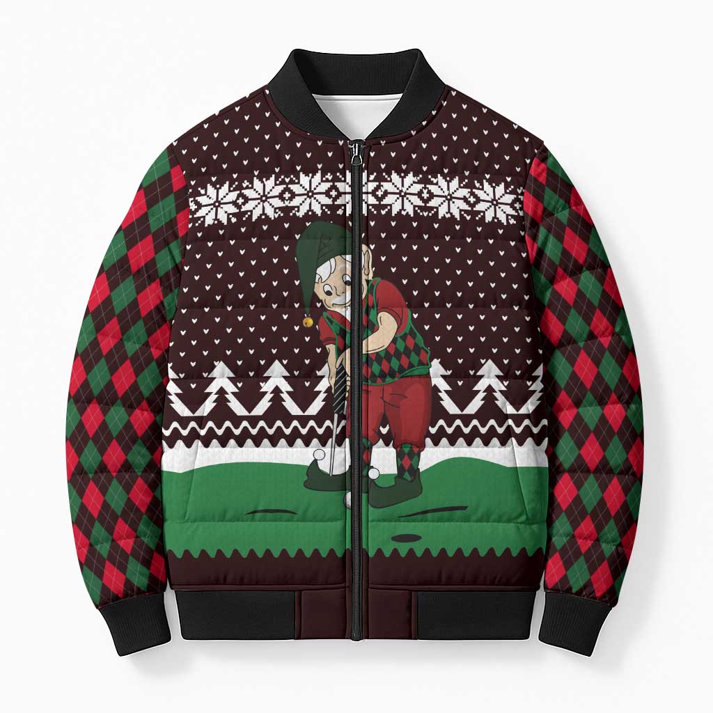 Christmas Golf Bomber Puffer Jacket with Elf Golfer Argyle Plaid and Snowflake Pattern - Wonder Print Shop
