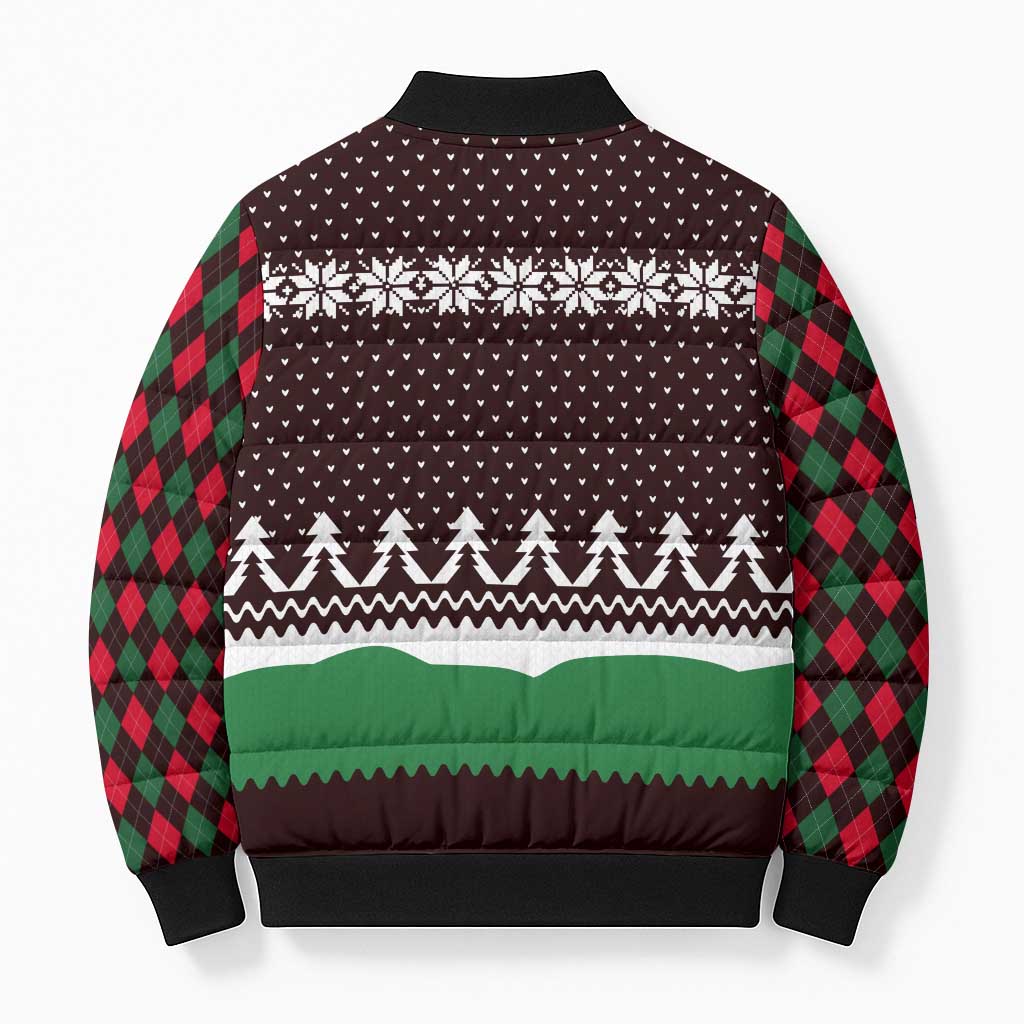 Christmas Golf Bomber Puffer Jacket with Elf Golfer Argyle Plaid and Snowflake Pattern - Wonder Print Shop