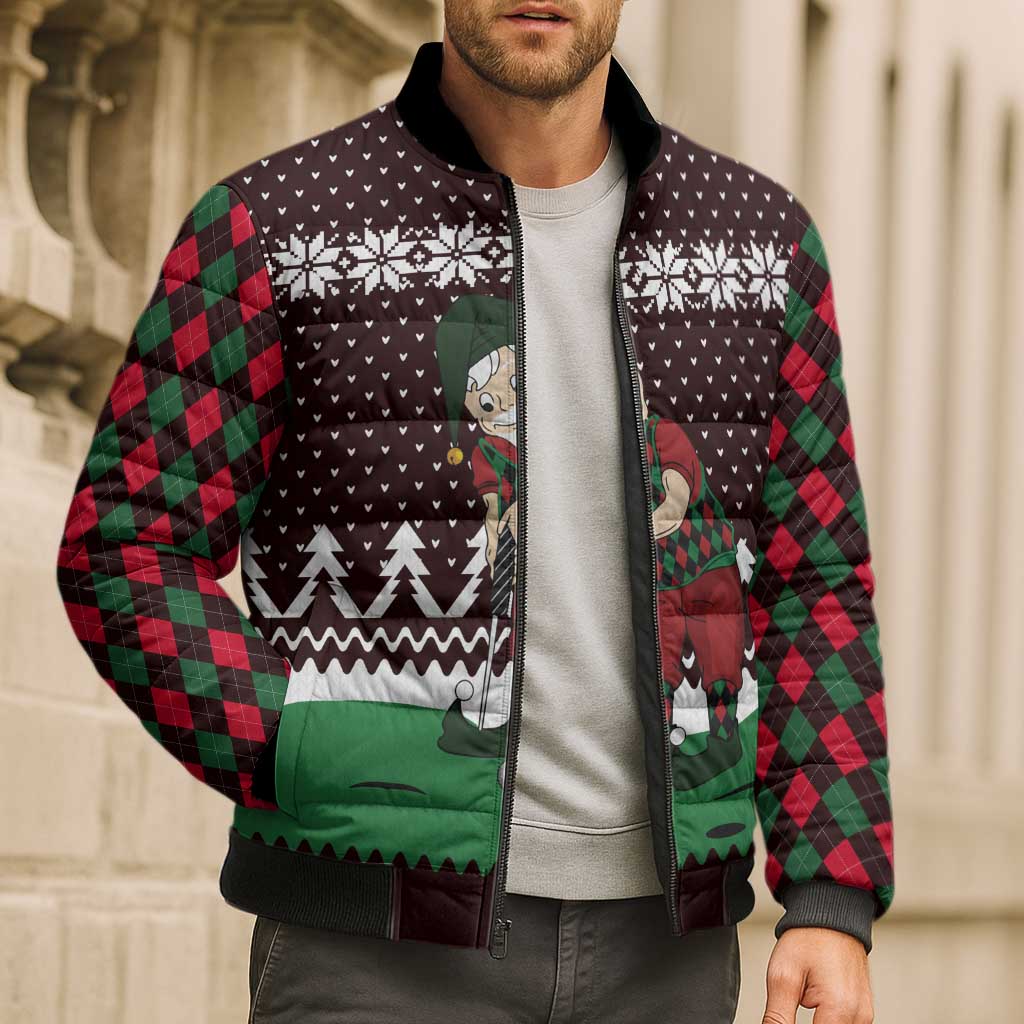 Christmas Golf Bomber Puffer Jacket with Elf Golfer Argyle Plaid and Snowflake Pattern - Wonder Print Shop