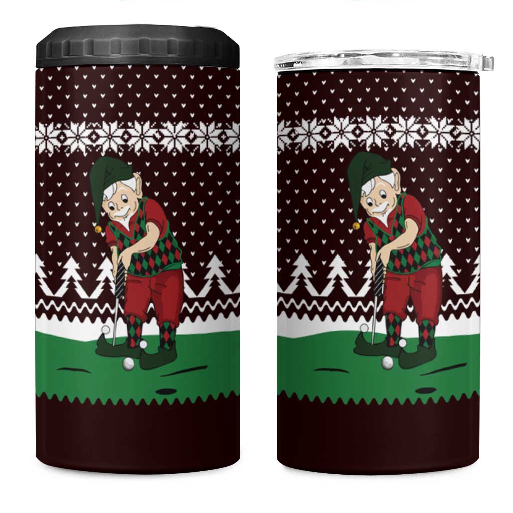 Christmas Golf 4 in 1 Can Cooler Tumbler with Elf Golfer Argyle Plaid and Snowflake Pattern - Wonder Print Shop