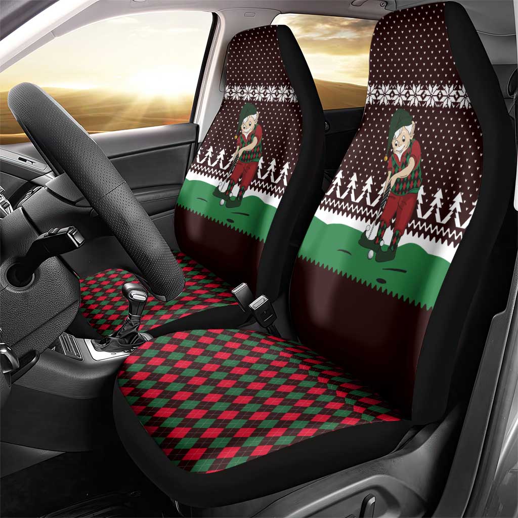Christmas Golf Car Seat Cover with Elf Golfer Argyle Plaid and Snowflake Pattern - Wonder Print Shop