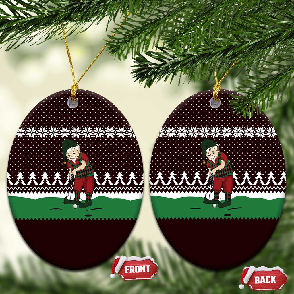 Christmas Golf Ceramic Ornament with Elf Golfer Argyle Plaid and Snowflake Pattern - Wonder Print Shop