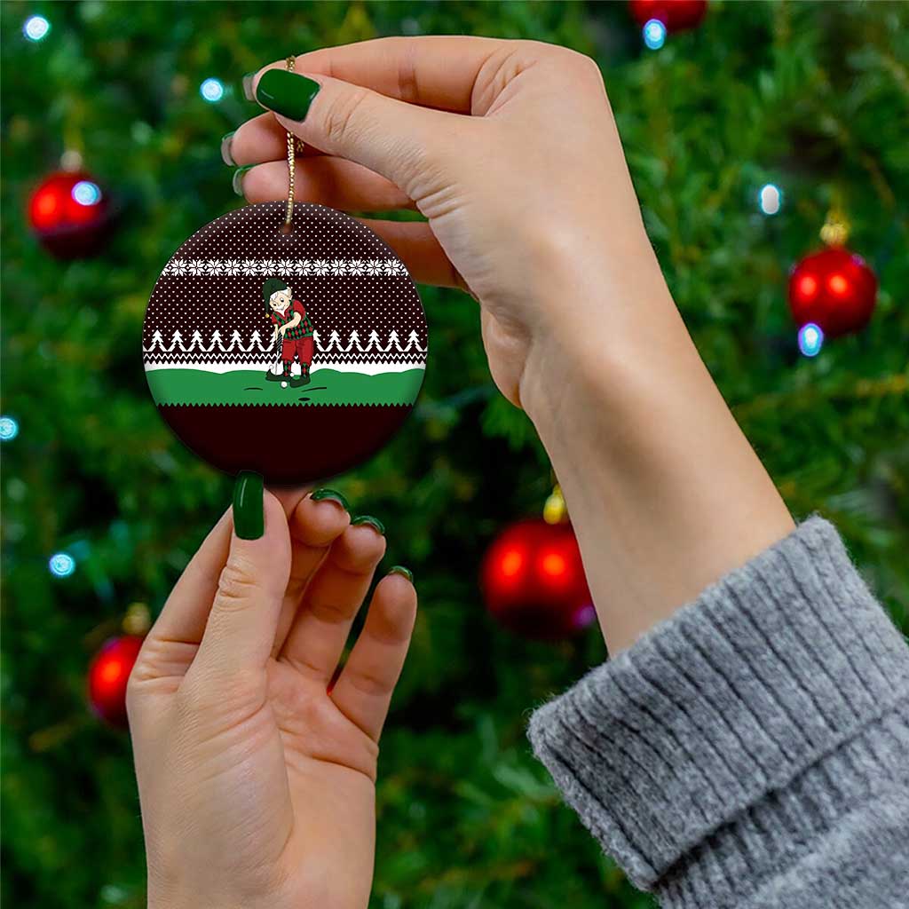 Christmas Golf Ceramic Ornament with Elf Golfer Argyle Plaid and Snowflake Pattern - Wonder Print Shop
