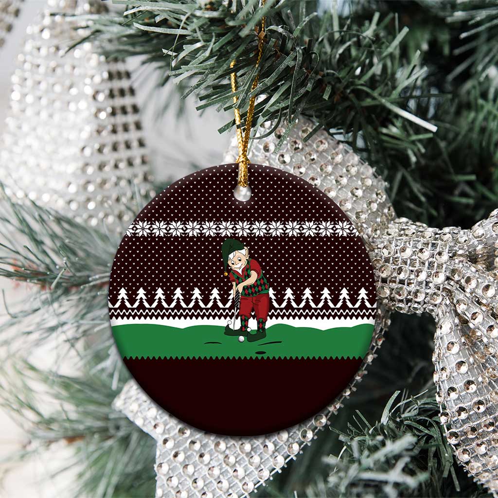 Christmas Golf Ceramic Ornament with Elf Golfer Argyle Plaid and Snowflake Pattern - Wonder Print Shop