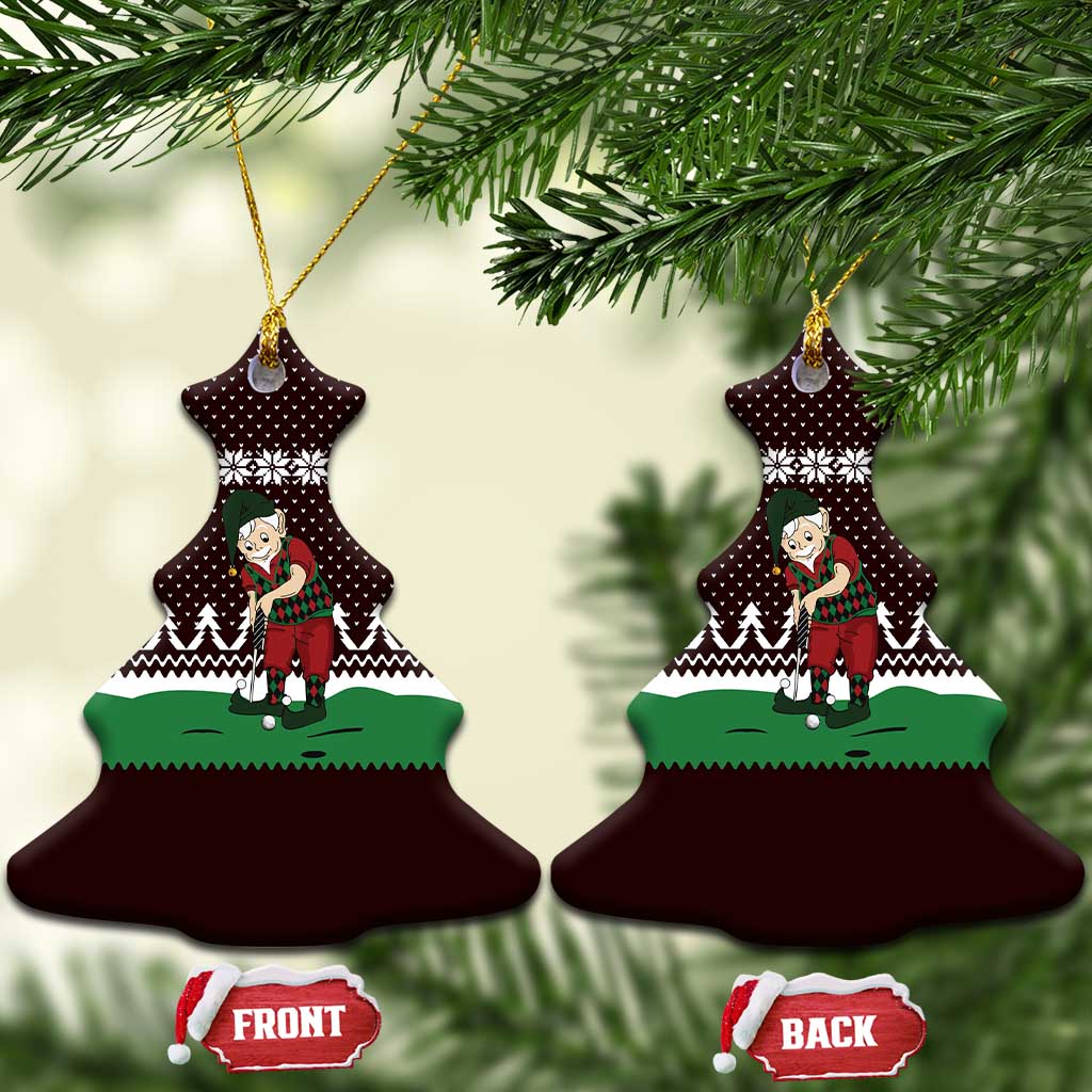 Christmas Golf Ceramic Ornament with Elf Golfer Argyle Plaid and Snowflake Pattern - Wonder Print Shop