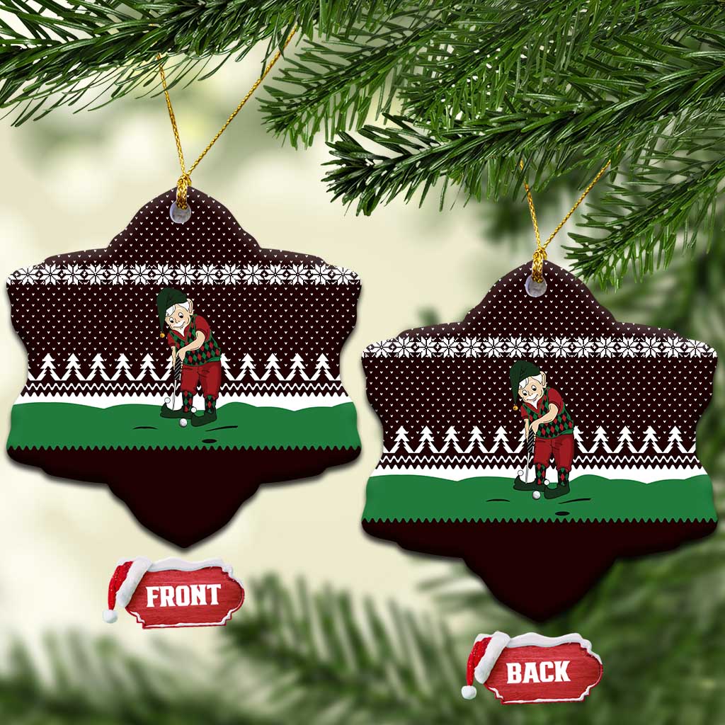Christmas Golf Ceramic Ornament with Elf Golfer Argyle Plaid and Snowflake Pattern - Wonder Print Shop