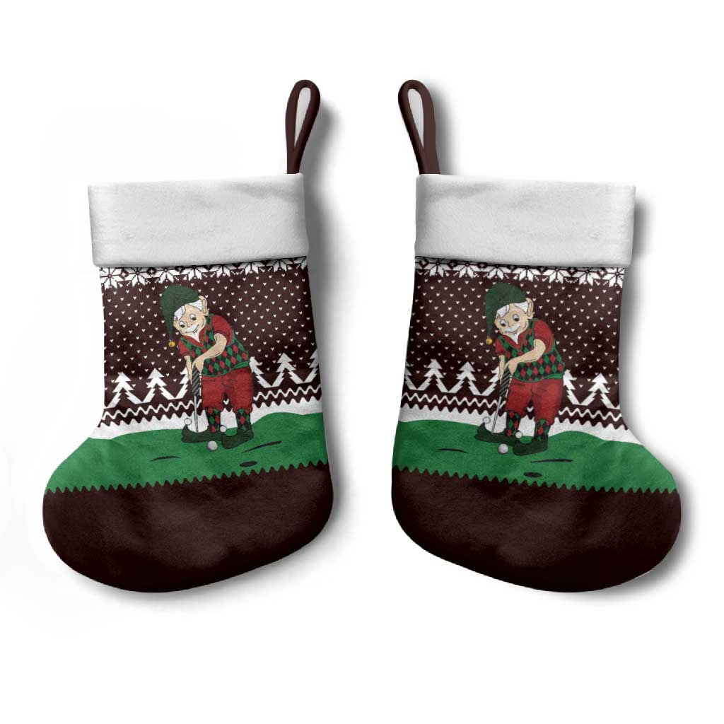 Christmas Golf Christmas Stocking with Elf Golfer Argyle Plaid and Snowflake Pattern - Wonder Print Shop