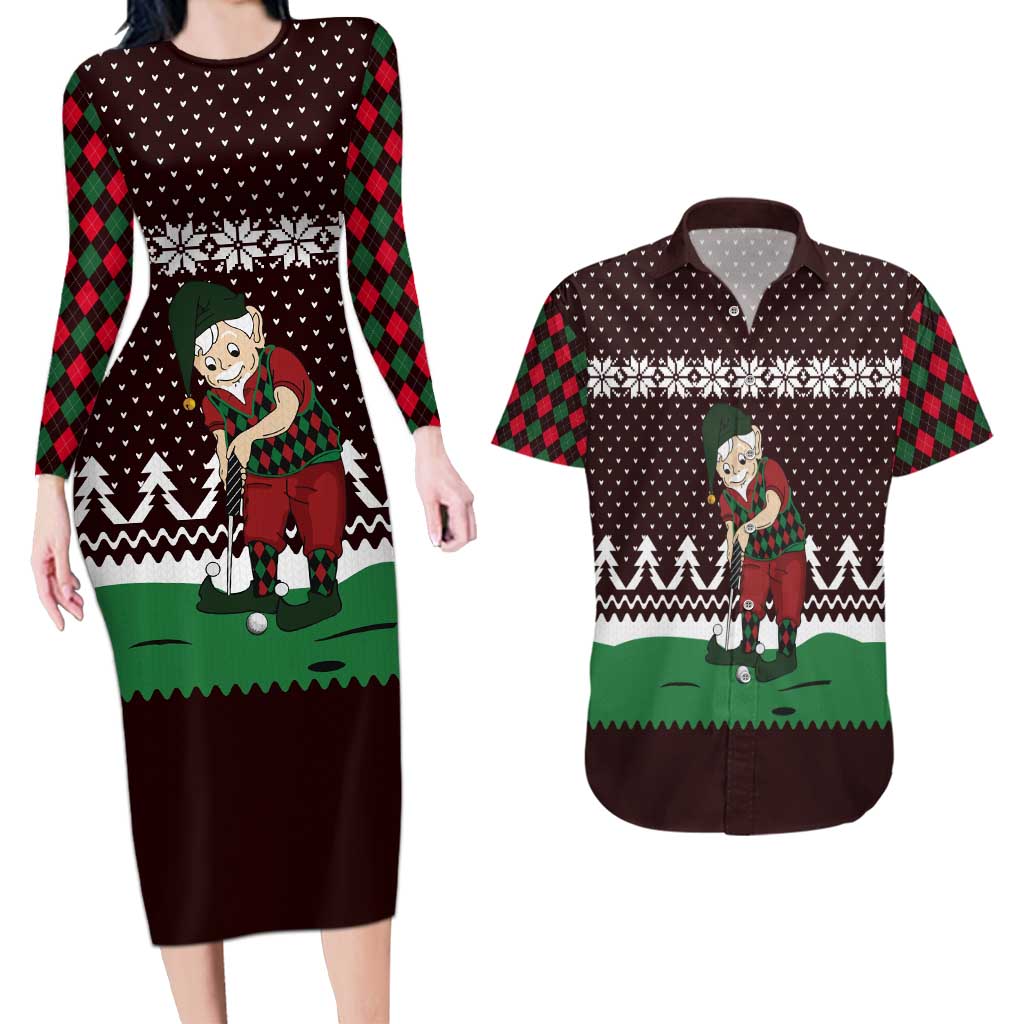 Christmas Golf Couples Matching Long Sleeve Bodycon Dress and Hawaiian Shirt with Elf Golfer Argyle Plaid and Snowflake Pattern - Wonder Print Shop