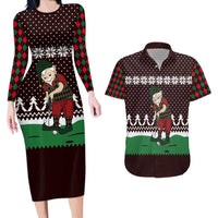 Christmas Golf Couples Matching Long Sleeve Bodycon Dress and Hawaiian Shirt with Elf Golfer Argyle Plaid and Snowflake Pattern - Wonder Print Shop