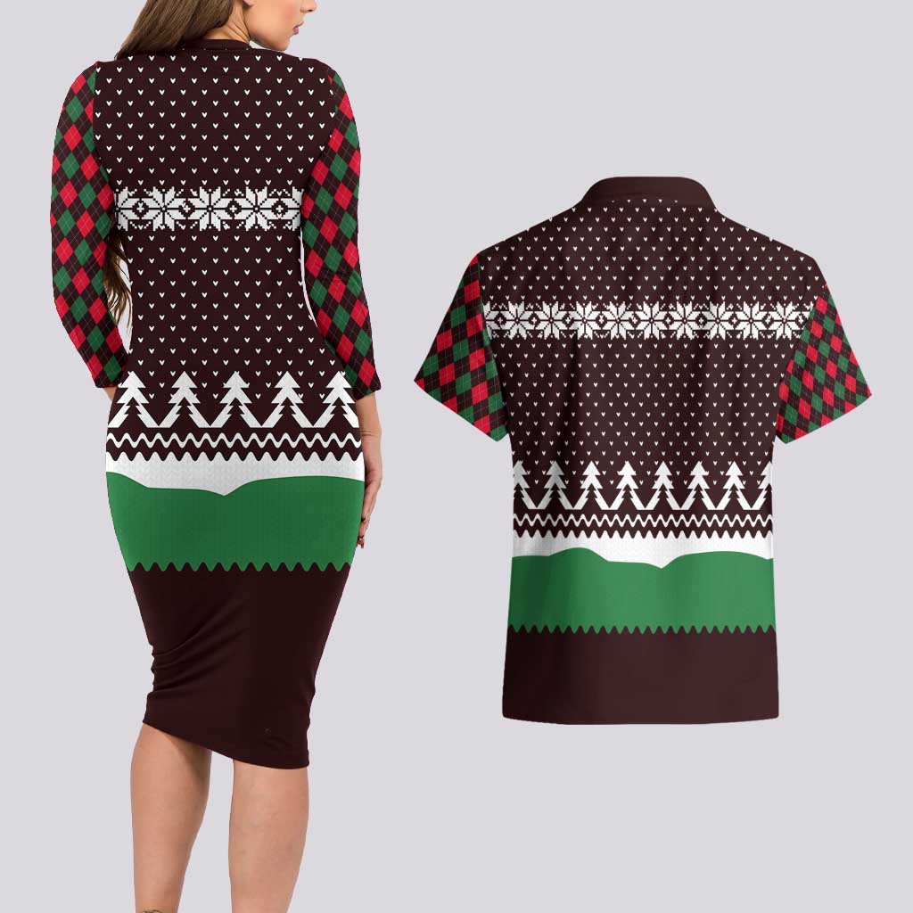 Christmas Golf Couples Matching Long Sleeve Bodycon Dress and Hawaiian Shirt with Elf Golfer Argyle Plaid and Snowflake Pattern - Wonder Print Shop