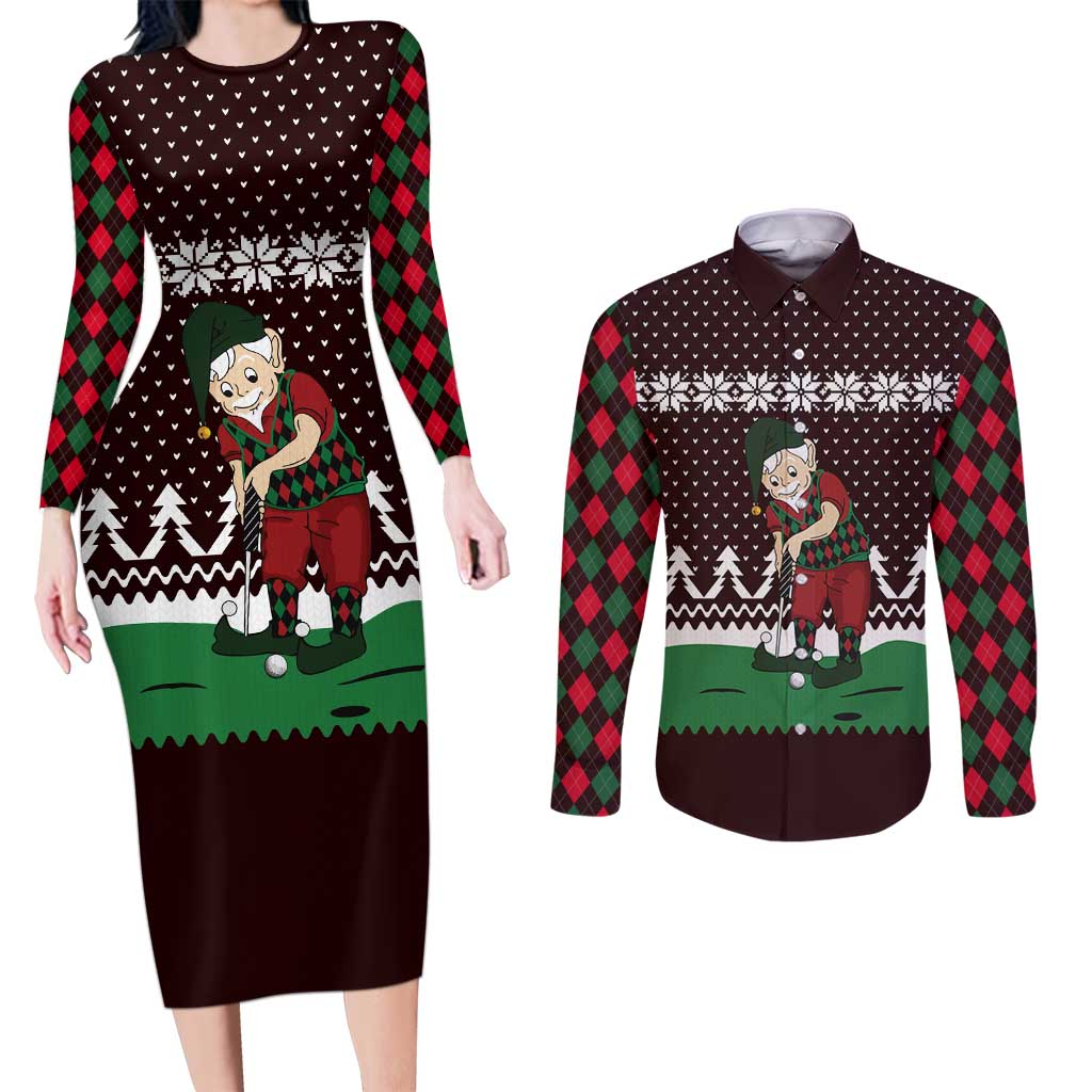 Christmas Golf Couples Matching Long Sleeve Bodycon Dress and Long Sleeve Button Shirt with Elf Golfer Argyle Plaid and Snowflake Pattern - Wonder Print Shop